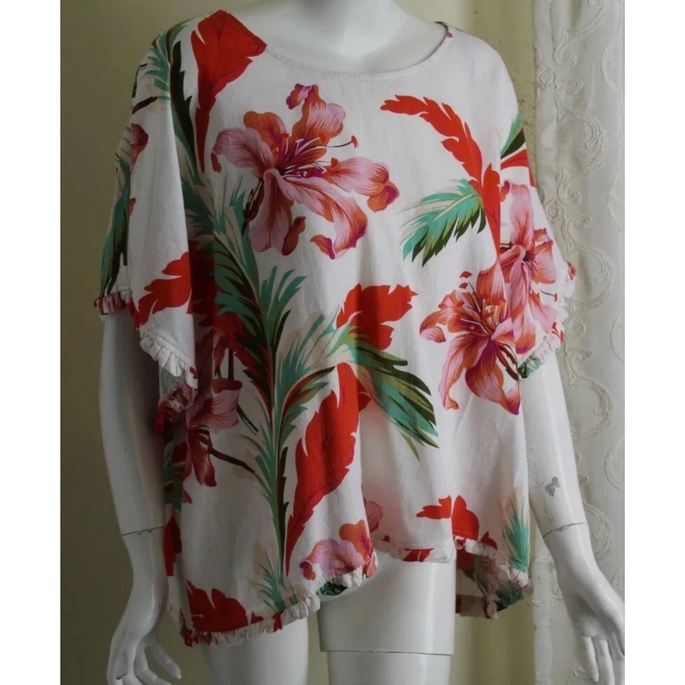 For Cynthia 2X Art-to-Wear Linen Tropical Floral Top Blouse Shirt‎ Lagenlook